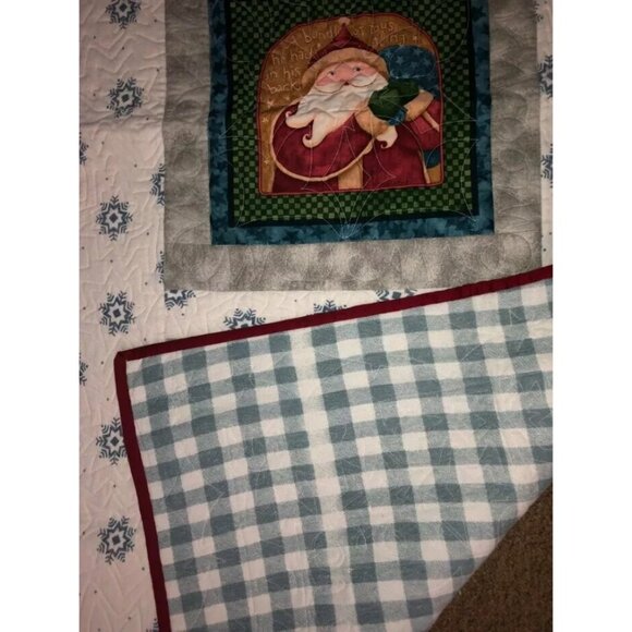 CHRISTMAS QUILT THROW BLANKET VINTAGE SANTA FLANNEL 59X58 SOFT WARM OLD WORLD - Picture 7 of 8